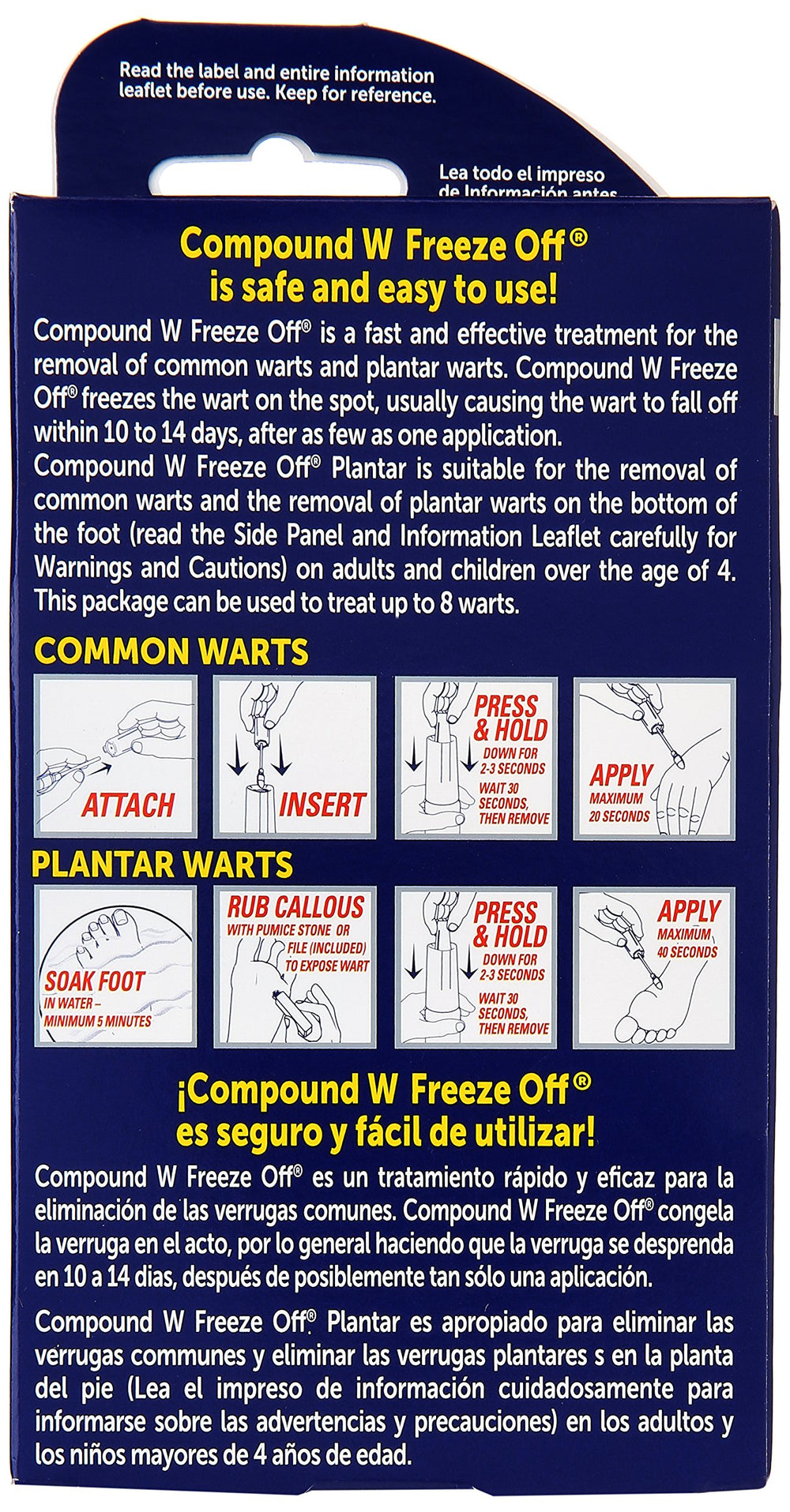 Compound W Wart Remover packaging shows illustrated steps for common and plantar wart treatment.