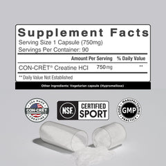 Close-up of CON-CRET Creatine HCl capsule bottle label