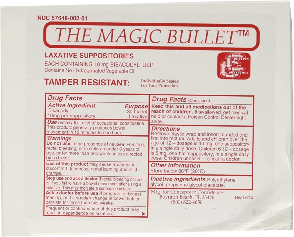 Concepts In Confidence Magic Bullet suppositories package for discreet, fast-acting bowel support