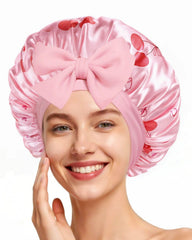 Confvrter Silk Bonnet with Cherry Blossom Print for gentle overnight hair protection.