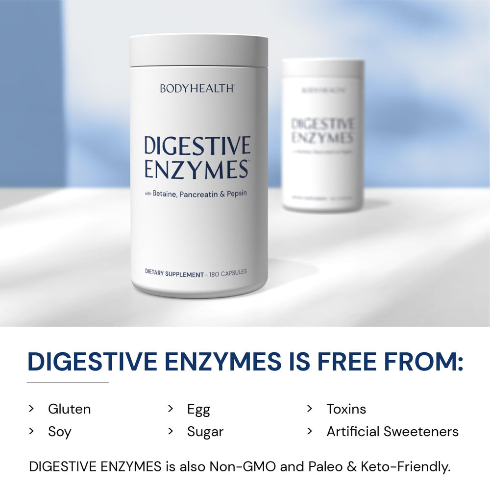 Digestive health concept with enzymes aiding protein, carb and fat digestion