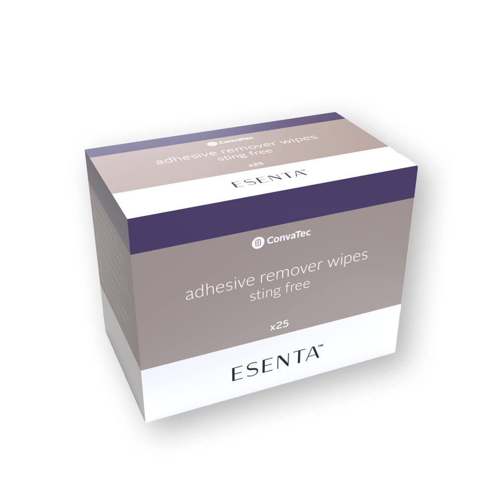 ConvaTec ESENTA adhesive remover used at home during pouch changes.