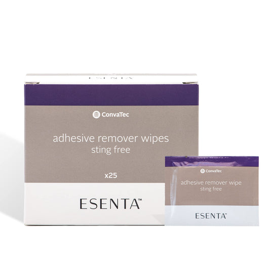 ConvaTec ESENTA remover spray application shows quick residue relief for stoma care.