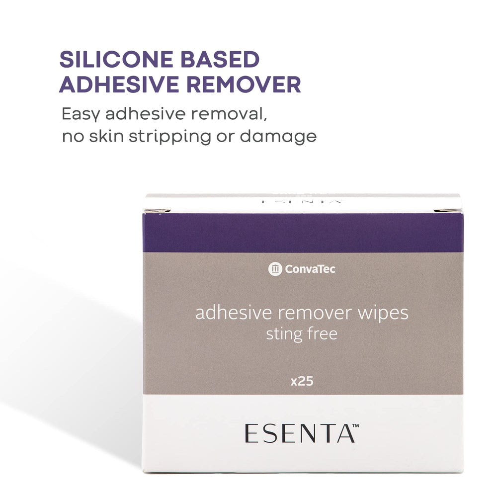 ConvaTec ESENTA remover wipes packaging demonstrates convenient latex-free adhesive removal at home.