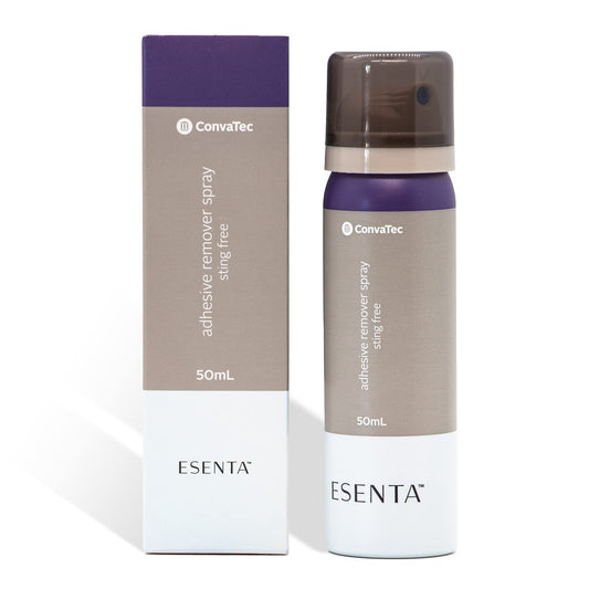 ConvaTec ESENTA spray edge application shows quick, sting-free adhesive removal at stoma sites.