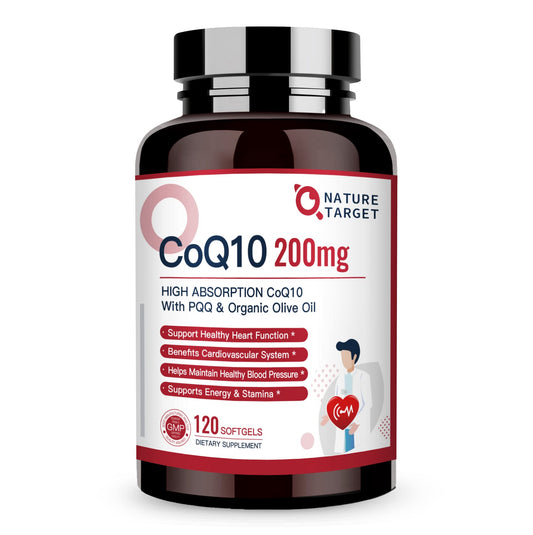 Nature Target CoQ10 200mg softgels with organic olive oil bottle
