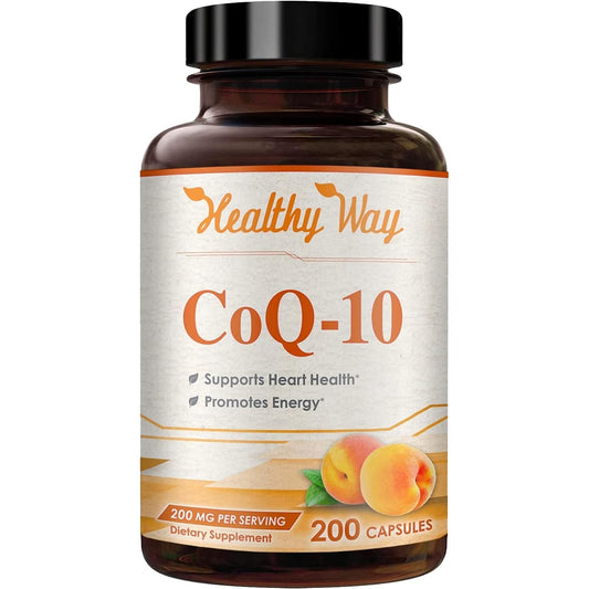 CoQ10 200mg supplement bottle and capsules