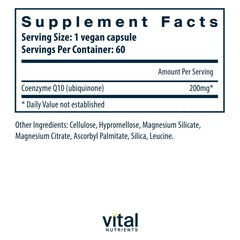 CoQ10 200mg bottle with vegan and Non-GMO labels
