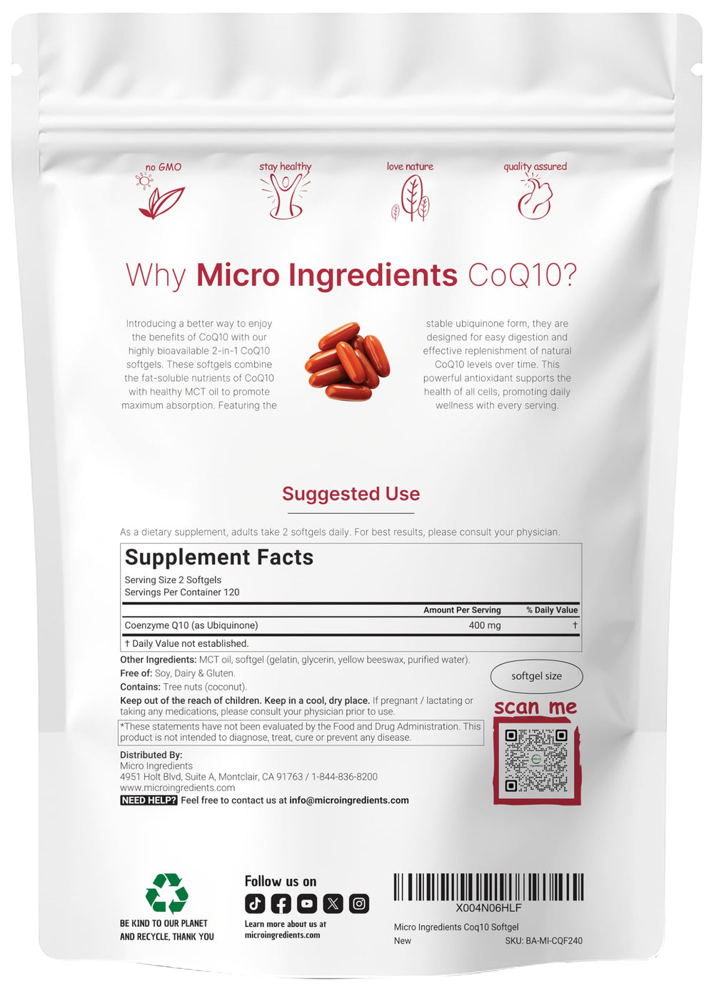 Packaging of Micro Ingredients CoQ10 240 softgels