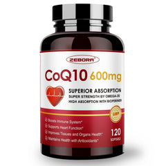 Front bottle of CoQ10 600mg softgels with label