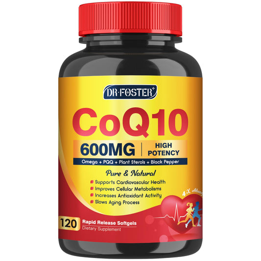 Bottle of CoQ10 600 mg softgels with Omega-3, PQQ and Vitamin E