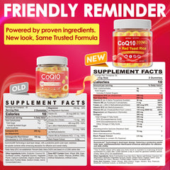 Gummies with label showing CoQ10 200mg and ingredients