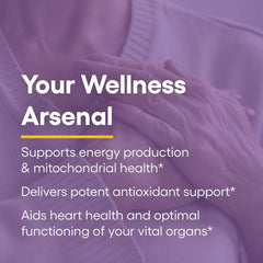 CoQ10 bottle highlighting heart and brain support
