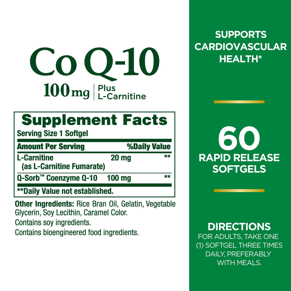 Close-up of CoQ-10 Plus L-Carnitine rapid-release softgels