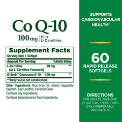 Close-up of CoQ-10 Plus L-Carnitine rapid-release softgels