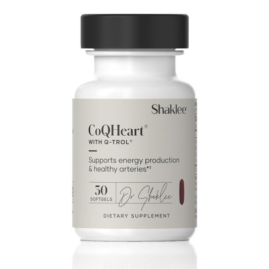 CoQHeart with Q-Trol energy support softgels on white background