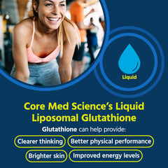 Pouring Core Med Science liposomal glutathione liquid demonstrates quick absorption in action.