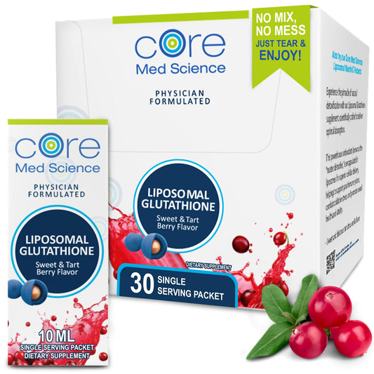 Front box of Core Med Science Liposomal Glutathione Sweet & Tart Berry