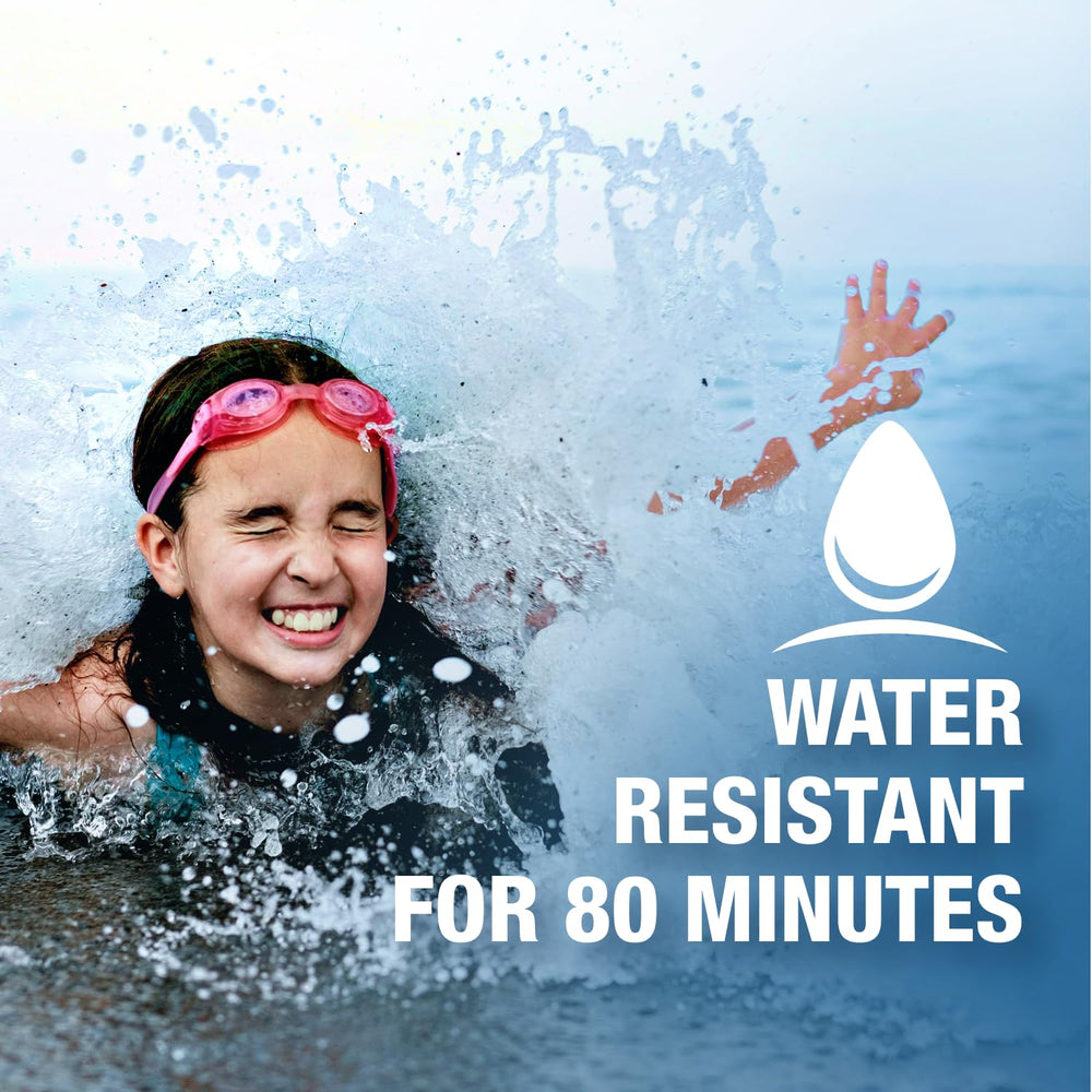Sun X 30+ displayed near water, demonstrating 80-minute water resistance.