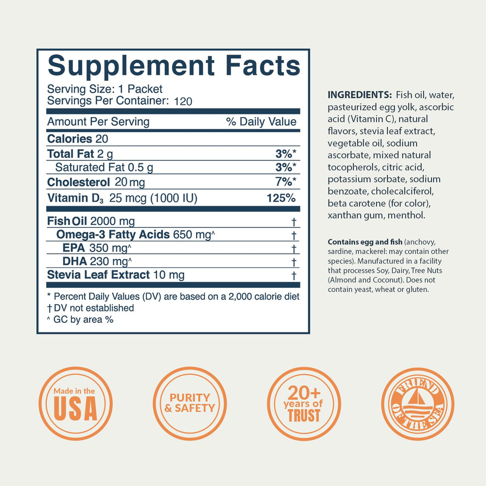 Single-serve omega-3 squeeze packet showing 650mg