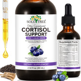 Front view of cortisol reducer liquid drops bottle with blueberry flavor label.