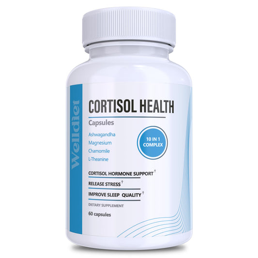 Bottle of 60-capsule 10-in-1 cortisol support supplement on white background