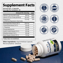Ashwagandha, Magnesium Glycinate and L-Theanine ingredients for cortisol balance