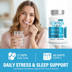 Close-up of cortisol reducer bottle label showing 120 capsules