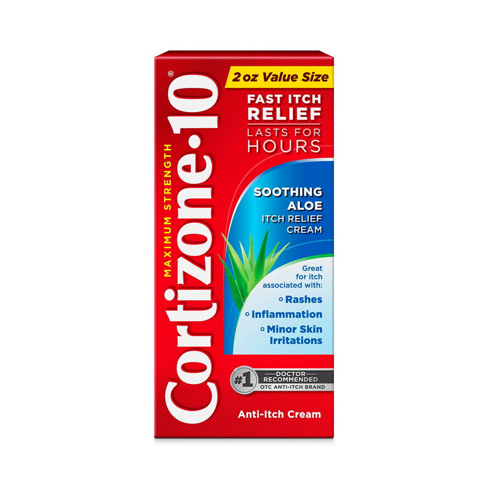 Cortizone-10 maximum-strength soothing aloe cream tube for fast itch relief.