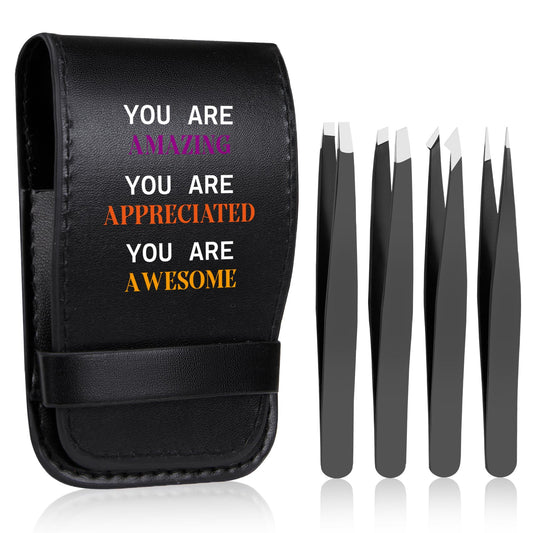 COSHAYSOO 4-pack tweezers with floral travel case for on‑the‑go grooming