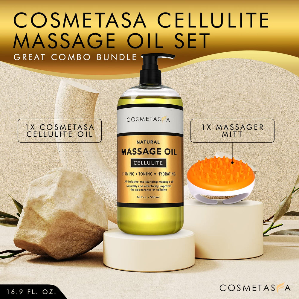 Cosmetasa Massager Mitt with bottle of cellulite massage oil