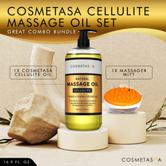 Cosmetasa Massager Mitt with bottle of cellulite massage oil