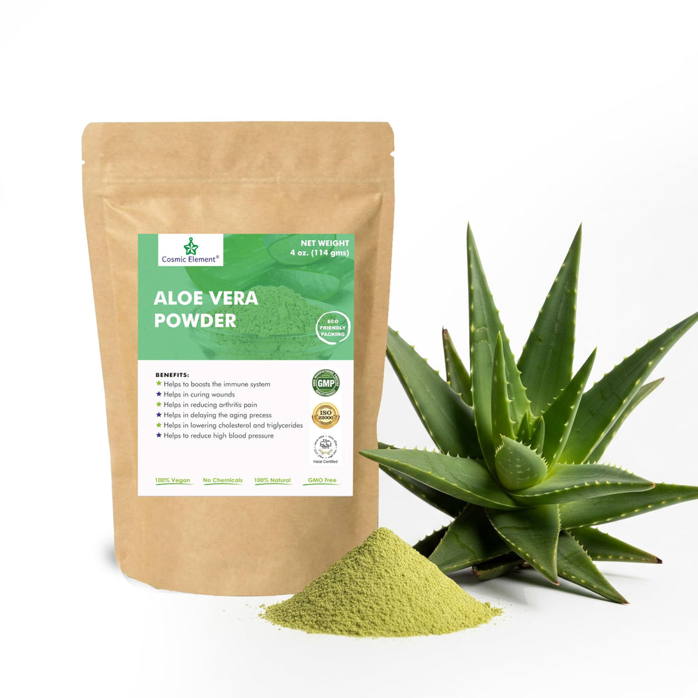 Cosmic Element Aloe Vera Powder leaf gel texture for skin and hair hydration.