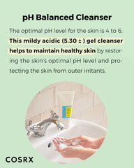 Applying COSRX gel cleanser to skin; balanced cleansing for a smoother morning routine.