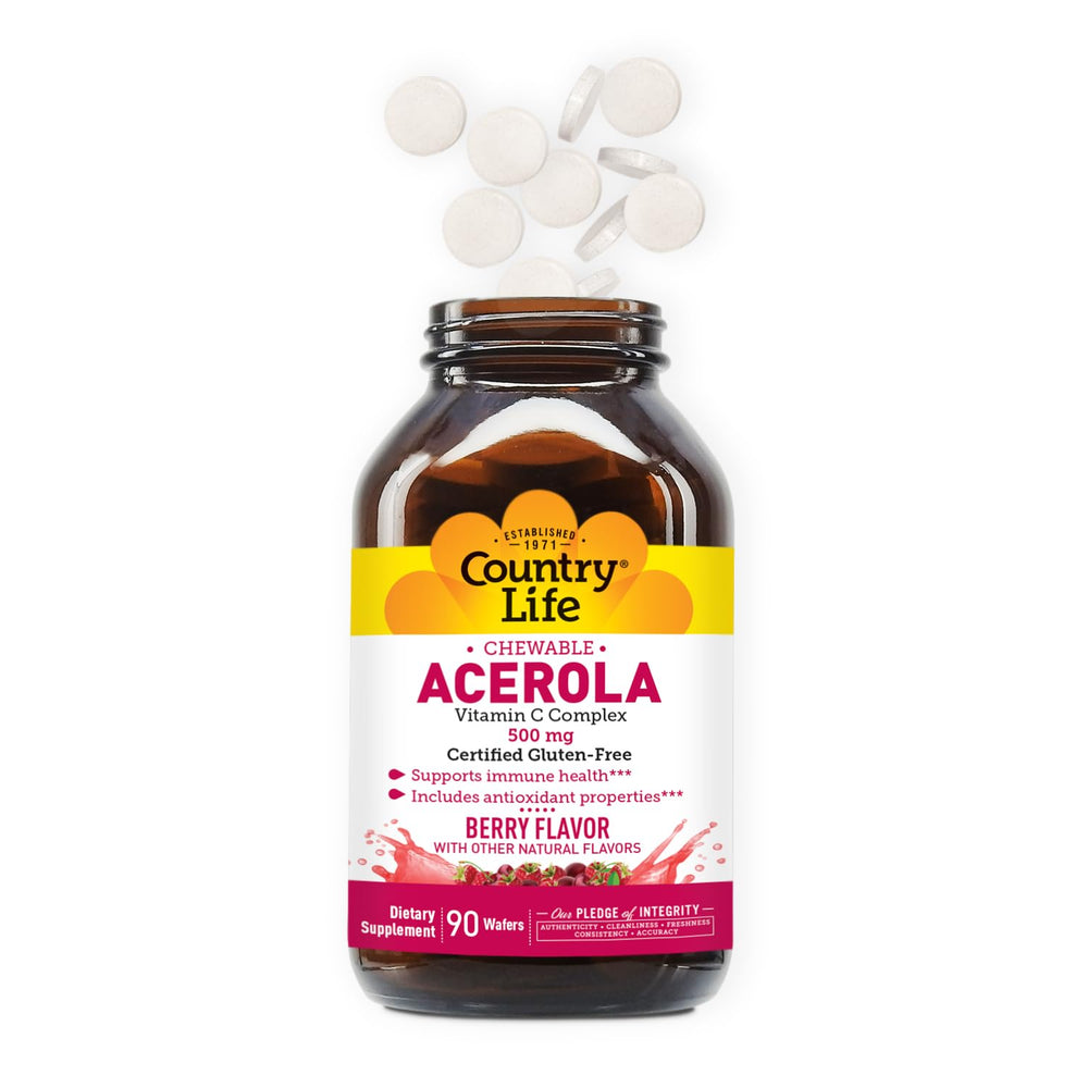 Nutrition facts panel for Country Life Acerola Vitamin C Complex