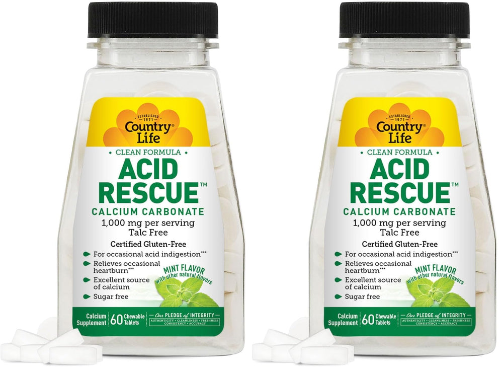 Country Life Acid Rescue chewable tablets front-view bottle shows mint flavor for quick heartburn relief.
