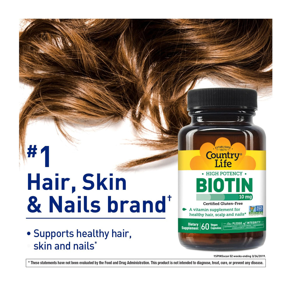 Close-up of Country Life Biotin 10,000 mcg bottle label
