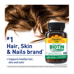 Close-up of Country Life Biotin 10,000 mcg bottle label