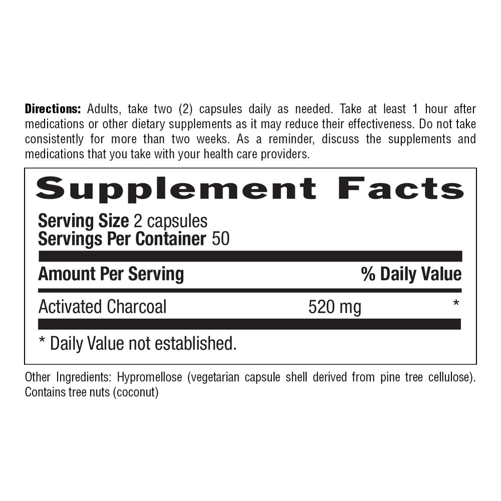 Country Life activated charcoal capsules in package, 260mg