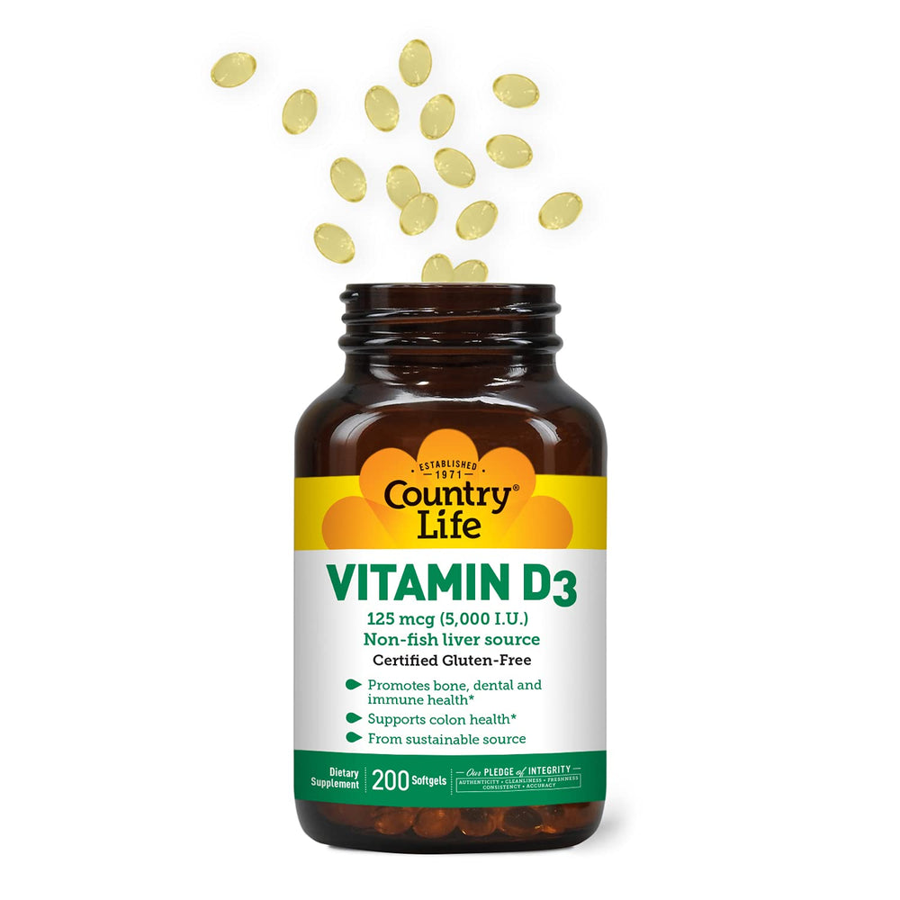 Country Life Vitamin D3 5000 IU bottle on white background