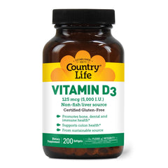 Country Life Vitamin D3 5000 IU bottle highlighting immune and bone health