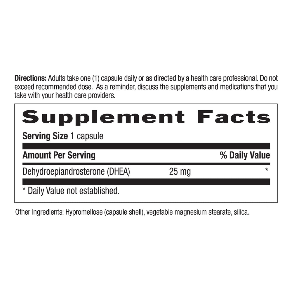Nutrition facts panel for Country Life DHEA 25mg