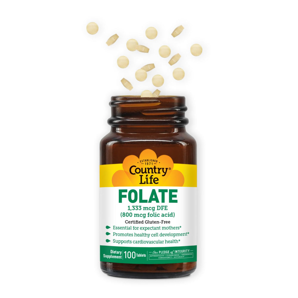 Close-up of Country Life Folate 800 mcg bottle and 100 tablets