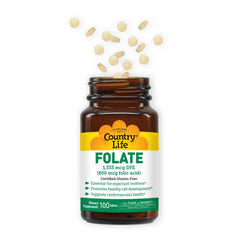 Close-up of Country Life Folate 800 mcg bottle and 100 tablets
