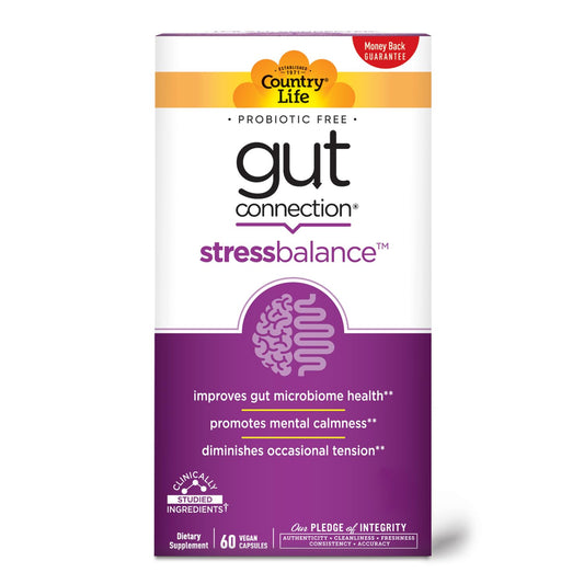 Front view of Country Life Gut Connection Stress Balance 60 Vegan Capsules