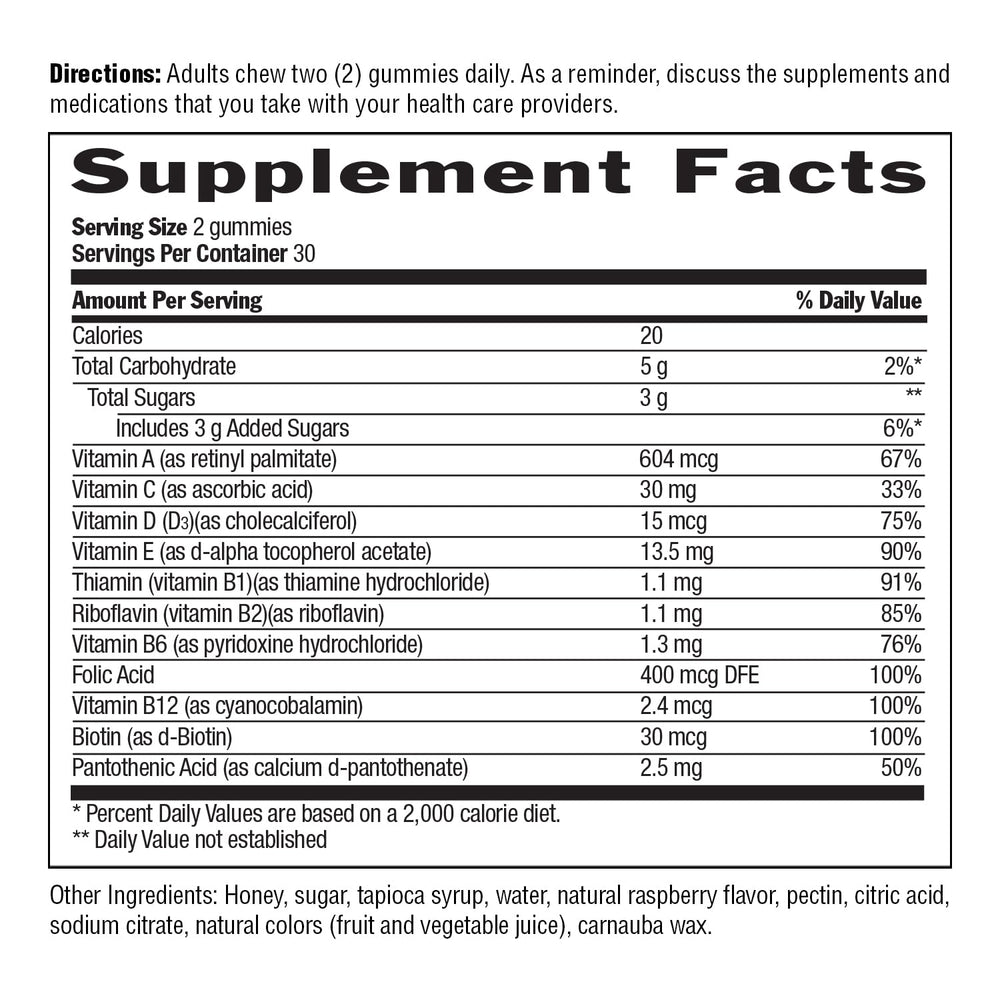 Ingredients list and dietary certifications for Country Life Honey Gummies