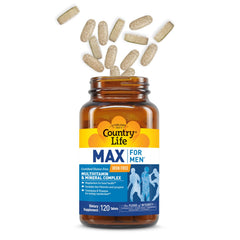 Country Life Max for Men gluten-free badge highlighted beside bottle