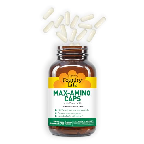 Country Life Maxi-Amino bottle side label shows gluten-free vegetarian certifications.