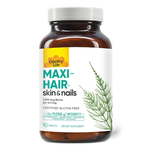Country Life Maxi-Hair bottle label showing 2000mcg biotin