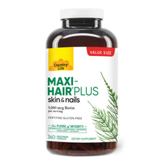 Country Life Maxi-Hair Plus 5000 mcg Biotin 360 capsules bottle with gluten-free and vegetarian label